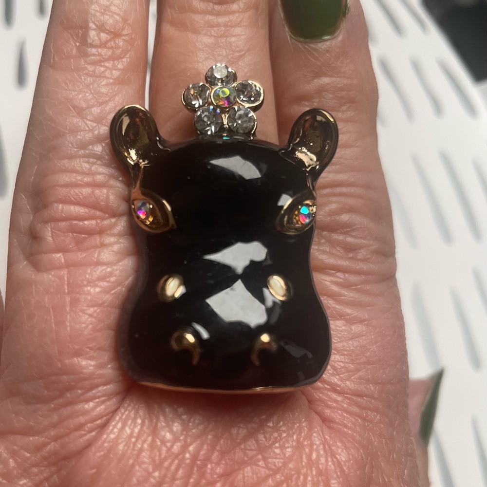 Black and Gold Hippo Ring with Crystal Accents